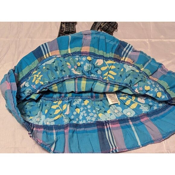 OshKosh Girl Denim Vestbak Overall Dress Blue Floral & Plaid Tiered Skirt 9M - Picture 4 of 8